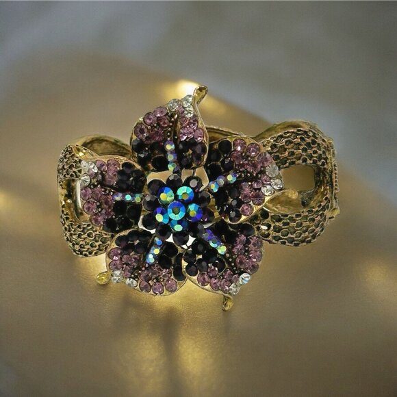 Bejeweled Floral Cuff Bracelet With Purple & Black Rhinestones - Picture 4 of 4
